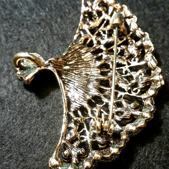 Vintage Style Antique Gold Tone Rhinestone Fan Brooch or Elegant Necklace - Nice - Picture 9 of 10